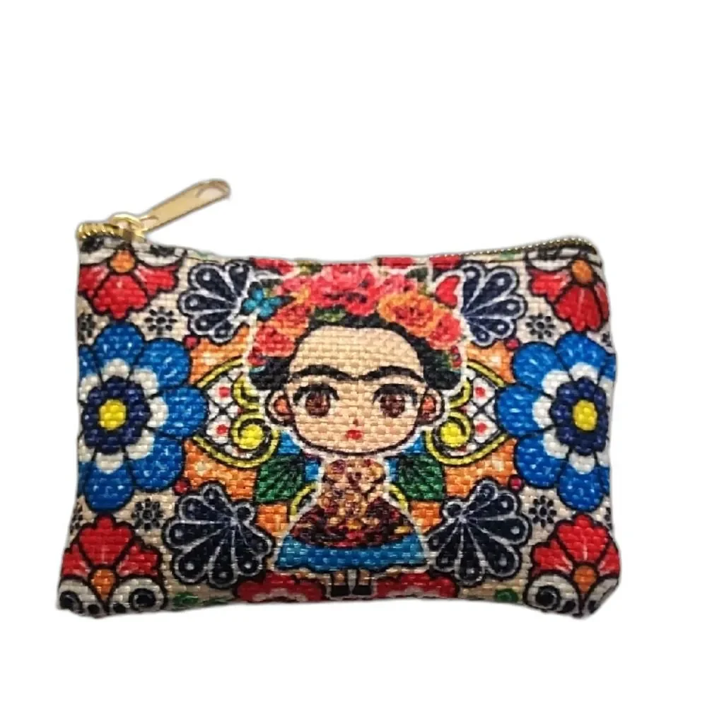 Frida Kahlo Coin Purse Colorful Floral Patterned Cosmetic Bag Zippered